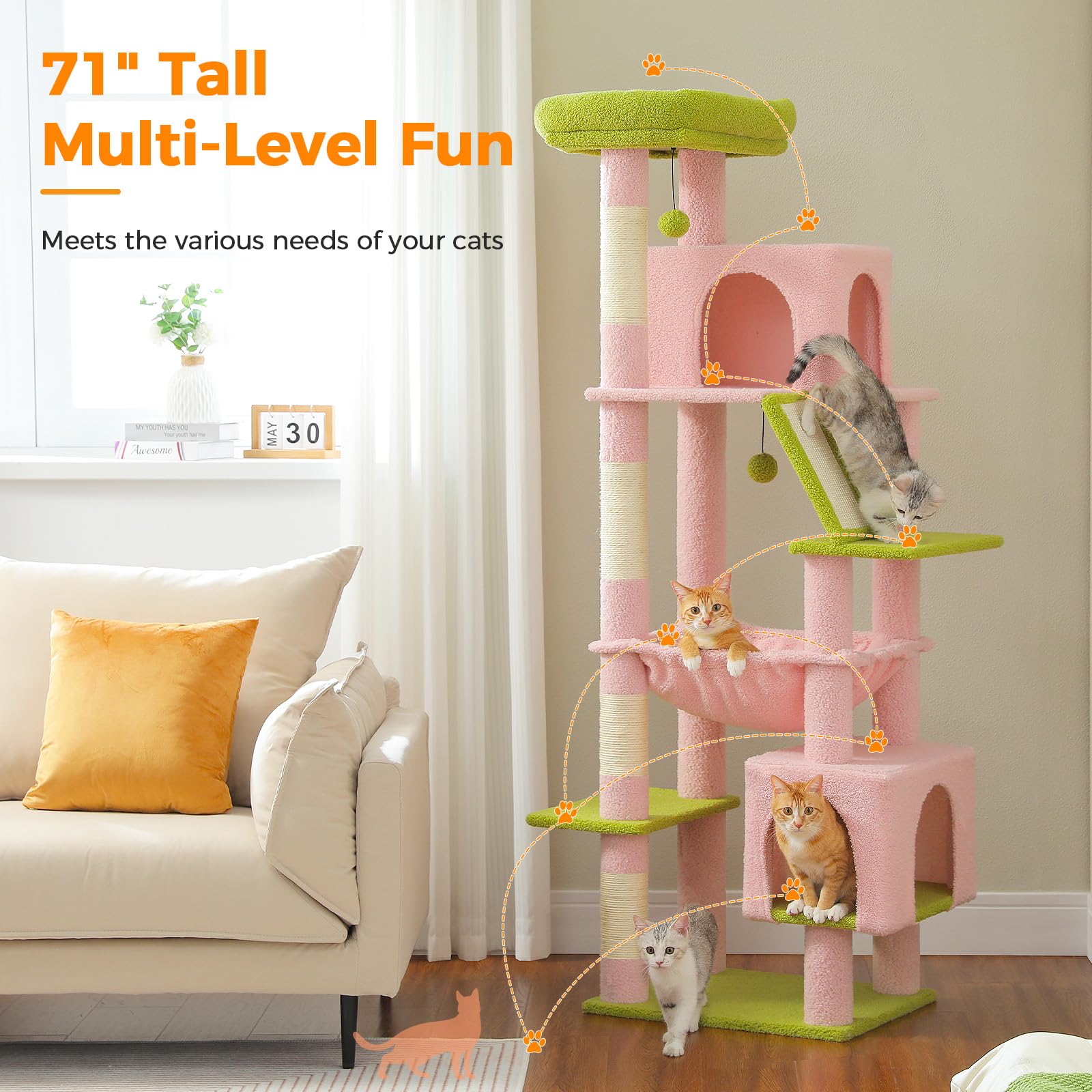 Uymi 71 Inch Tall Pink Cat Tree For Indoor Cats Large Adult, Multi-Level Cat Tower With Extra Large Hammock, 2 Cat Caves, Spacio